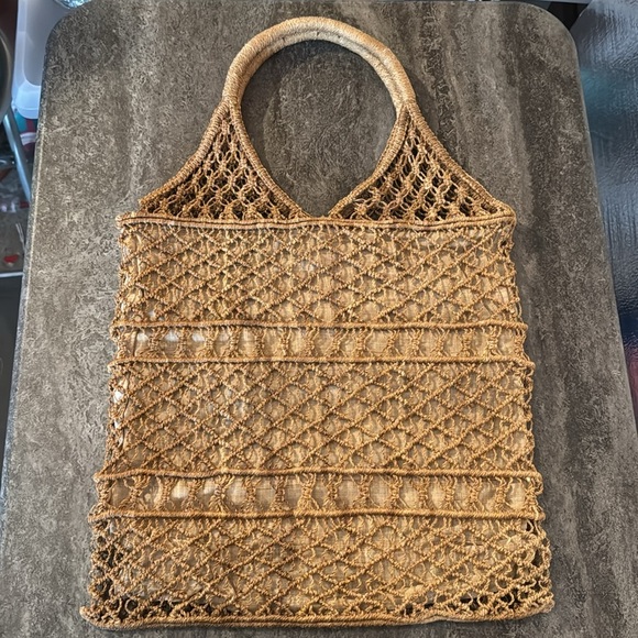 Vintage Crochet Jute Handbag Tan Cream Fabric Lining Double Handles - Picture 2 of 7